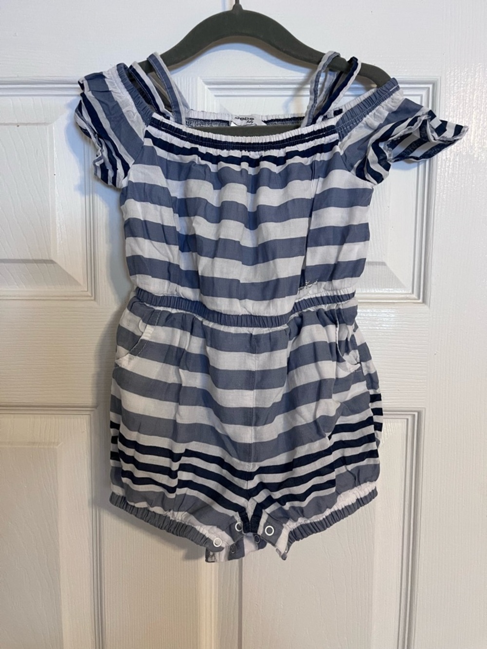 bebe Navy and White Striped Off-Shoulder Romper